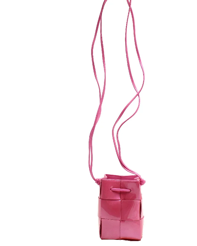 Bottega Veneta Cassette Mini Intrecciato Crossbody in Pink Patent Leather