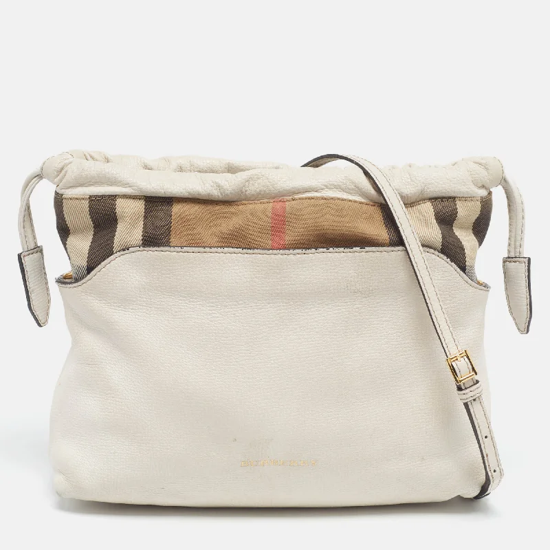 Burberry White/beige Leather And House Check Canvas Little Crush Crossbody Bag