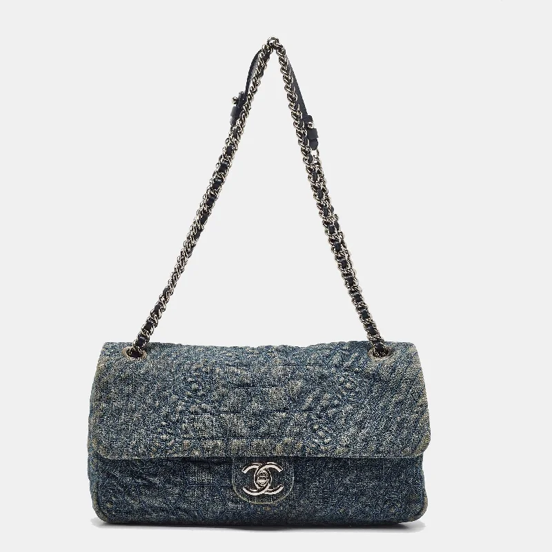 Chanel Blue Quilted Denim Cc Camelia Embroidered Flap Bag