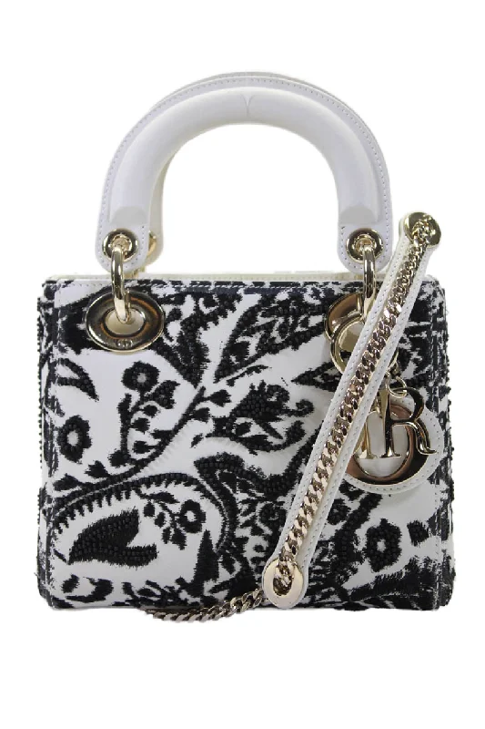 Christian Dior Womens Top Handle Embroidered Mini Lady Dior Handbag White Black