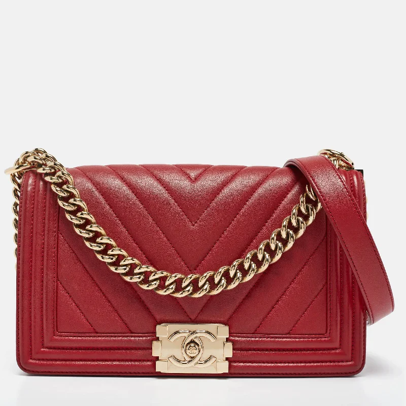 Chanel Red Chevron Leather Medium Boy Flap Bag