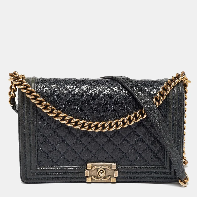 Chanel Navy Blue Quilted Caviar Leather New Medium Boy Flap Bag