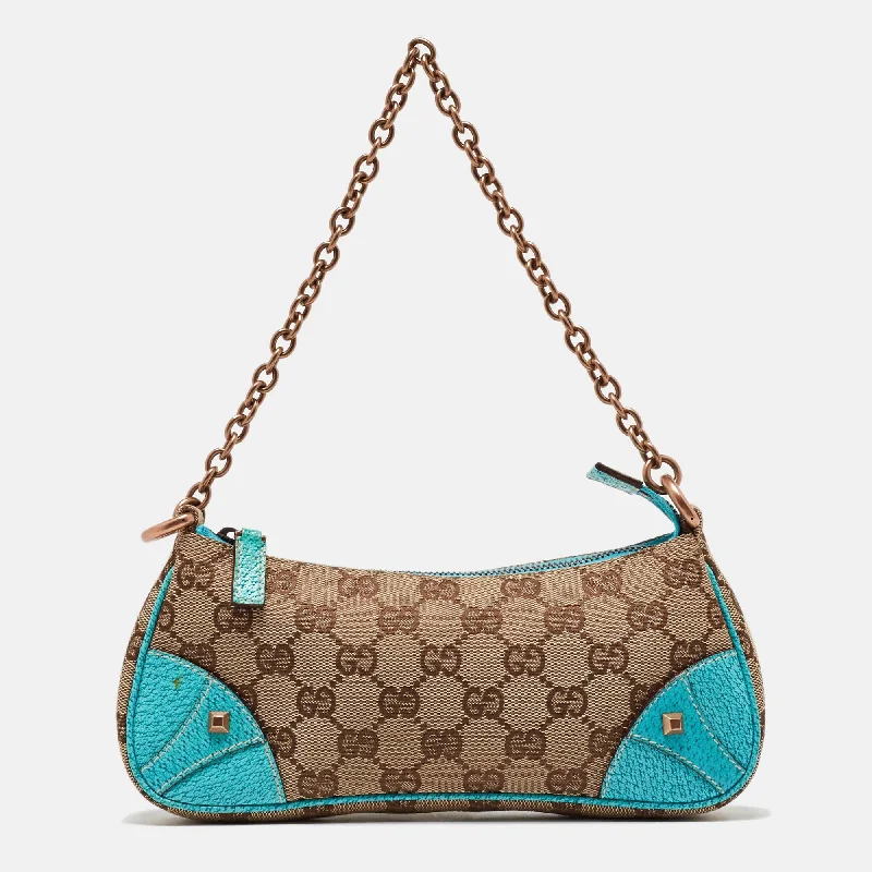 Gucci Beige/blue Gg Canvas And Leather Baguette Bag