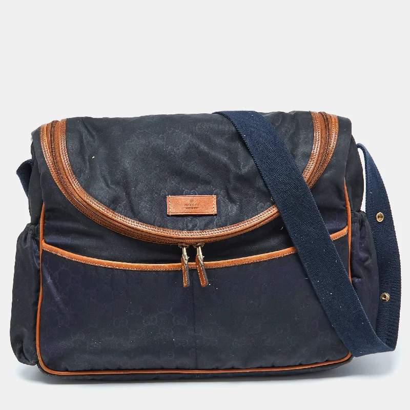 Gucci Navy Blue Gg Monogram Nylon And Leather Diaper Bag