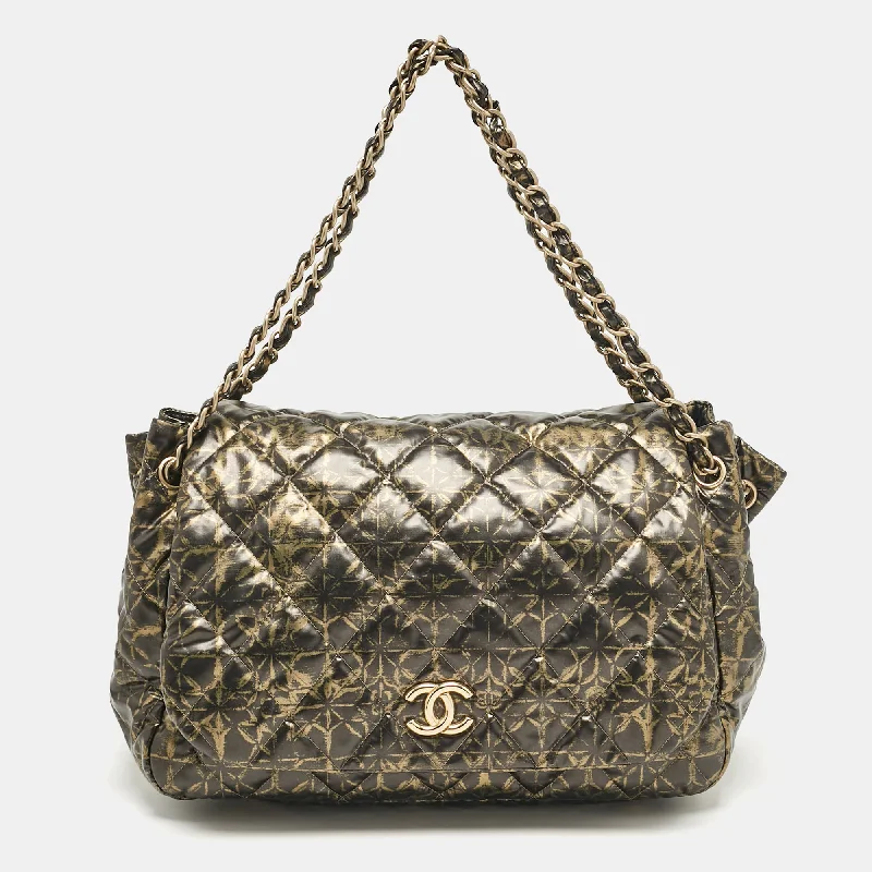 Chanel Black/gold Quilted Printed Coated Nylon Accordion Flap Bag