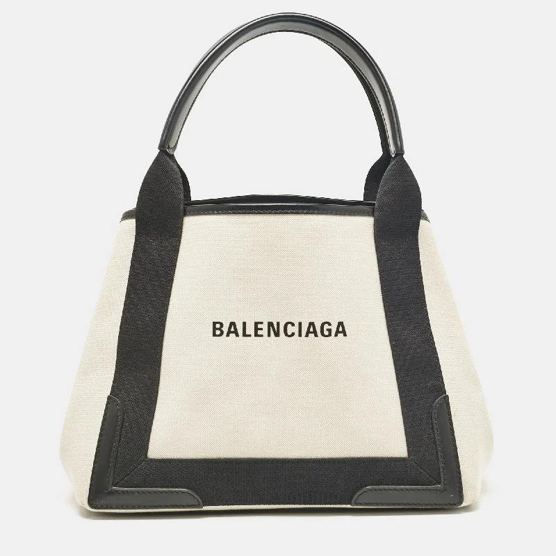 Balenciaga Black/off White Canvas And Leather Small Cabas Tote