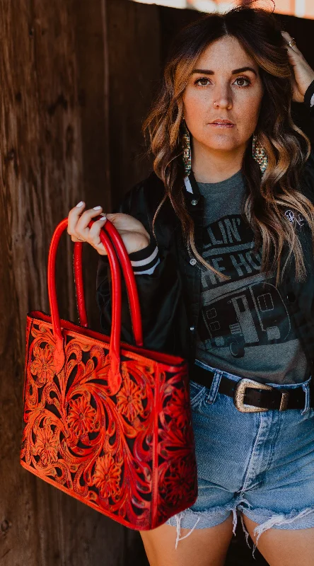 Leather Floral Tote Red