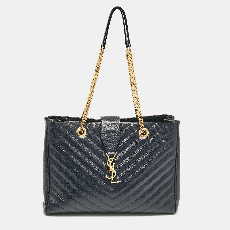 Saint Laurent Navy Blue Matelassé Leather Monogram Shopper Tote