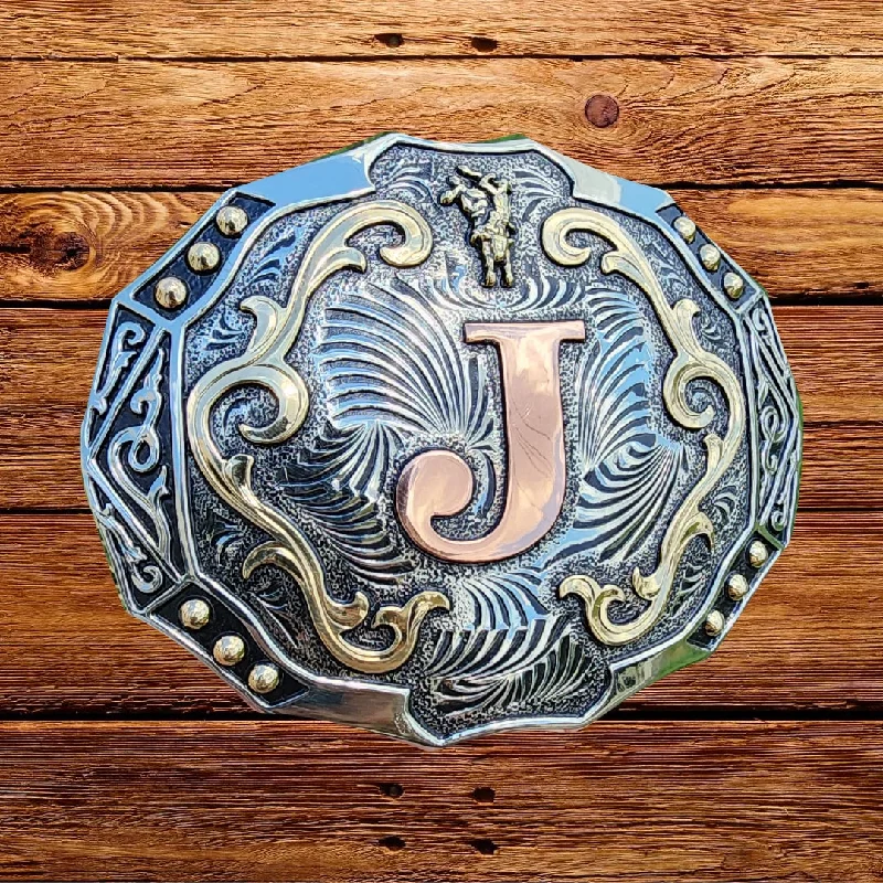 Handmade Buckles. Initial Made Out Of Copper. Bull Rider Logo. Hand Painted. Hand Engraved