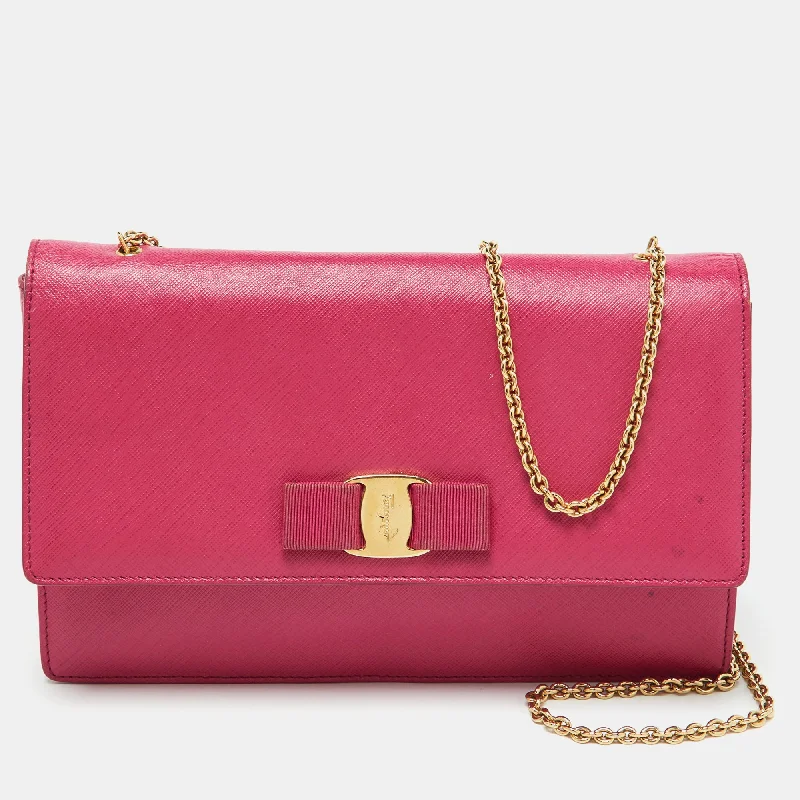 Salvatore Ferragamo Pink Saffiano Leather Vara Bow Chain Shoulder Bag