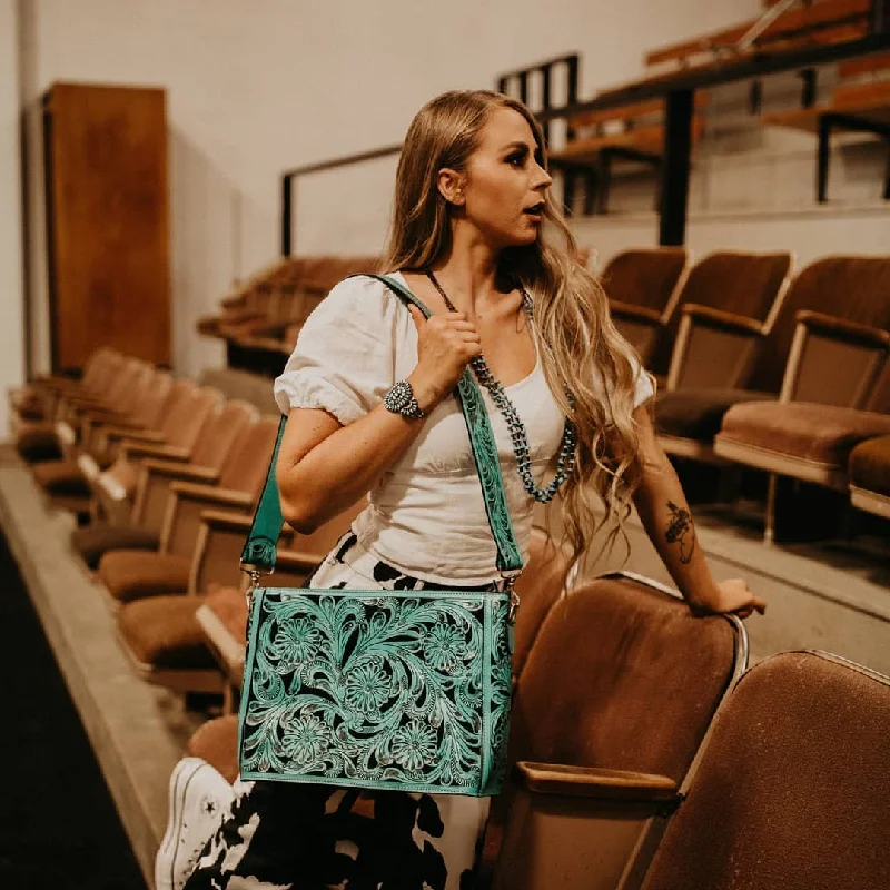 Leather Floral Tote Turquoise