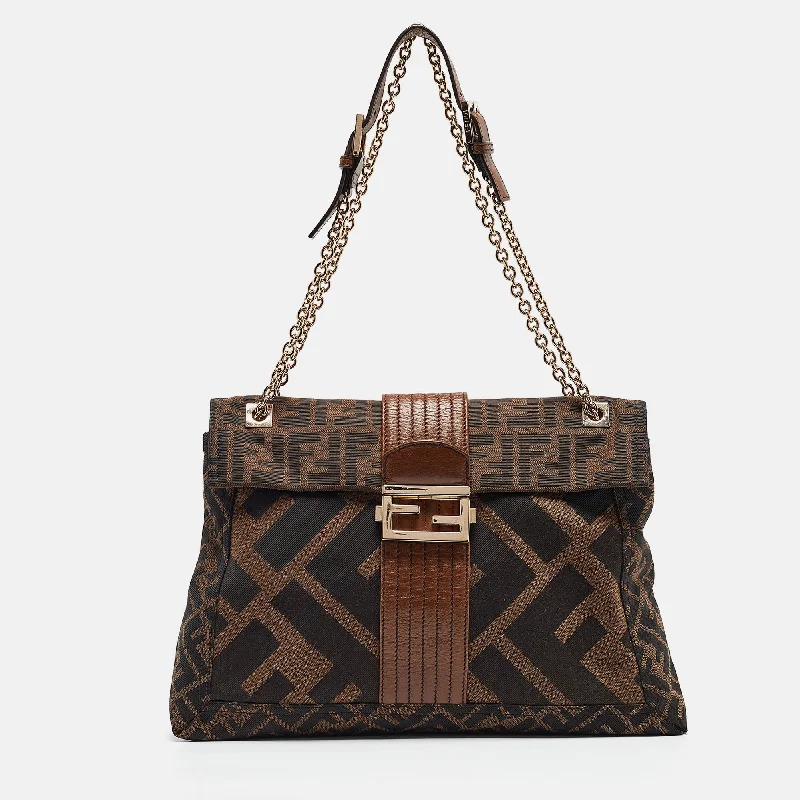 Fendi Zucca Canvas And Leather Maxi Baguette Flap Shoulder Bag