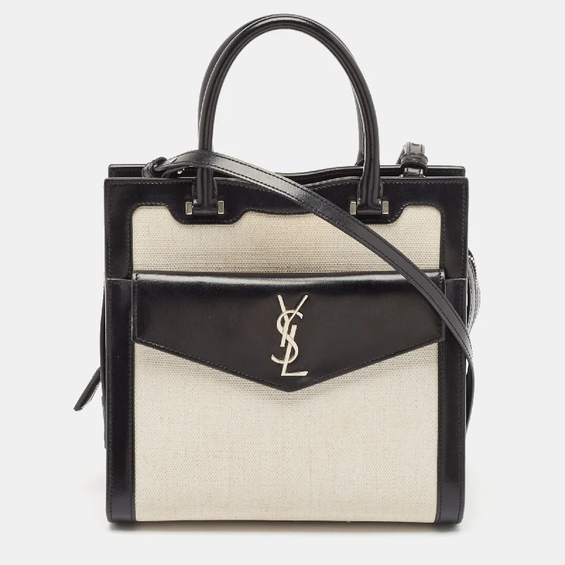 Saint Laurent Black/white Canvas And Leather Small Uptown Tote