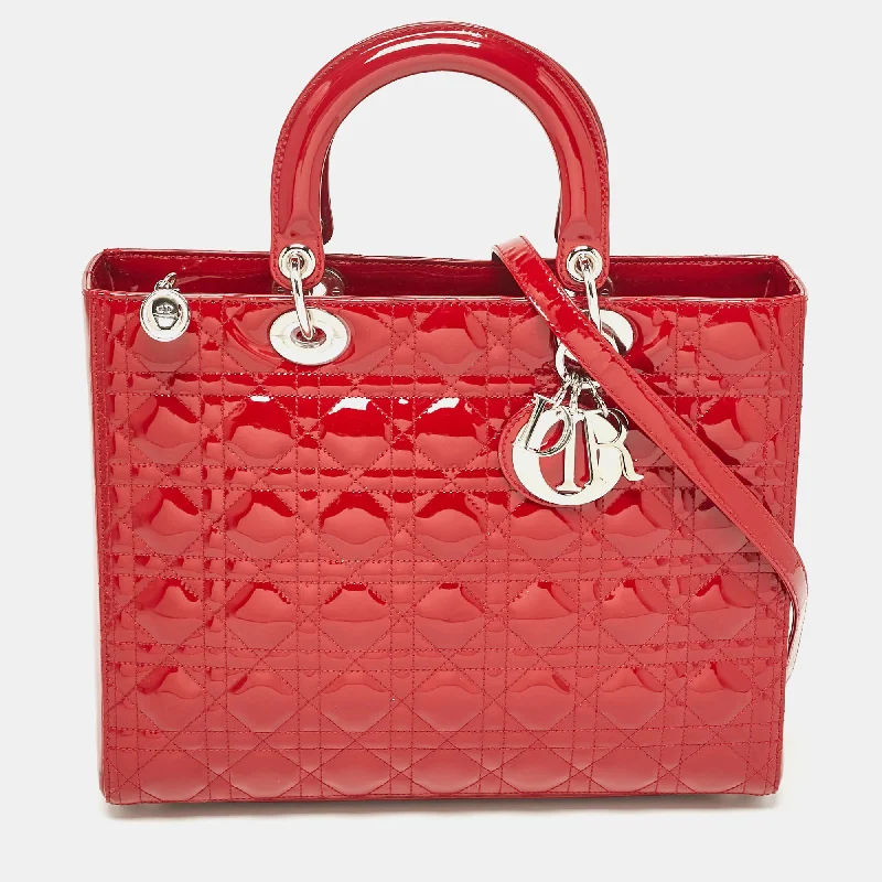 Dior Red Cannage Patent Leather Large Lady Dior Tote