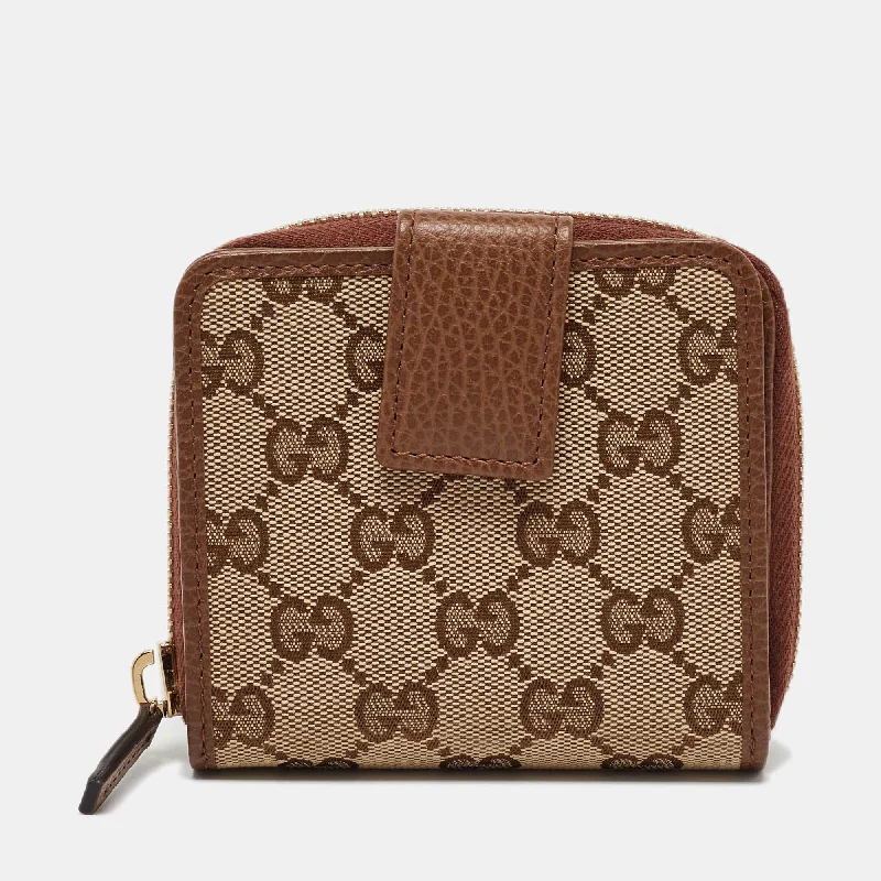 Gucci Beige/brown Gg Canvas And Leather Emblem Zip Mini Wallet