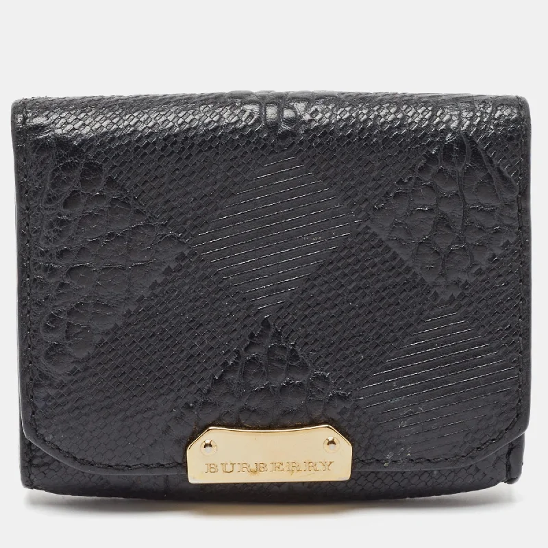 Burberry Black Embossed Check Leather Flap Card Case