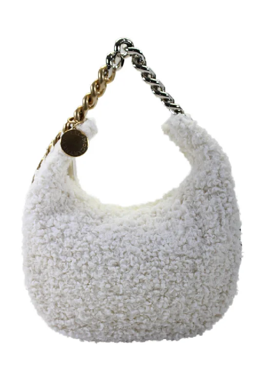 Stella McCartney Womens Chain Handle Faux Shearling Small Shoulder Handbag White