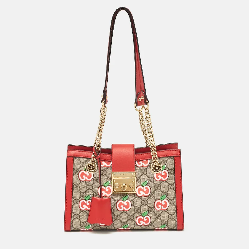 Gucci Red/beige Gg Supreme Canvas Apple Print Small Padlock Shoulder Bag