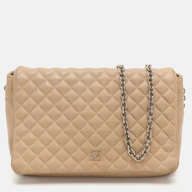 Ch Carolina Herrera Beige Quilted Leather Flap Shoulder Bag