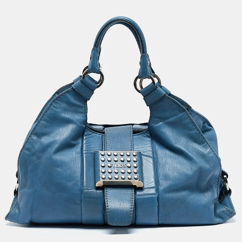 Tod's Blue Leather  Studded Lock Flap Shoulder Bag