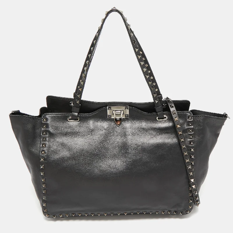 Valentino Black Leather Medium Rockstud Trapeze Tote