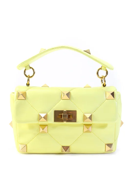 Valentino Garavani Womens Medium Roman Stud Quilted Shoulder Handbag Yellow