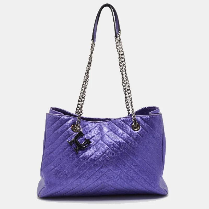 Ch Carolina Herrera Metallic Purple Leather Chain Tote