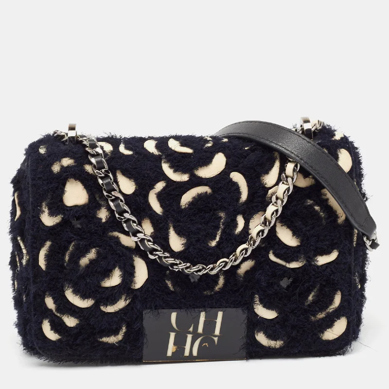 Carolina Herrera Black Leather And Tweed Floral Applique Shoulder Bag