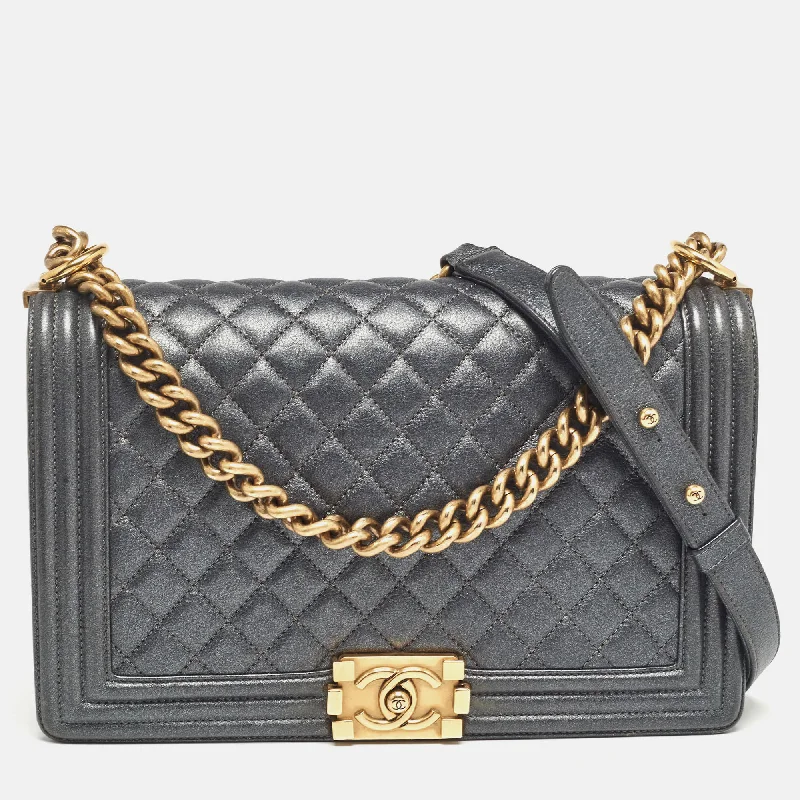 Chanel Grey Quilted Leather New Medium Boy Flap Bag..