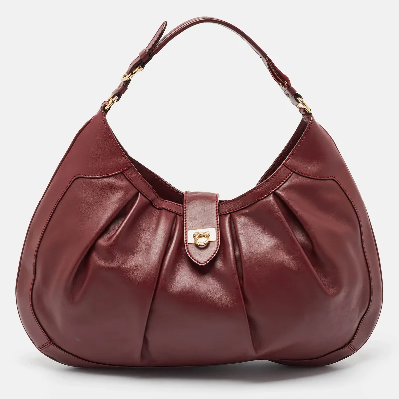 Salvatore Ferragamo Burgundy Pleated Leather Gancini Flap Hobo