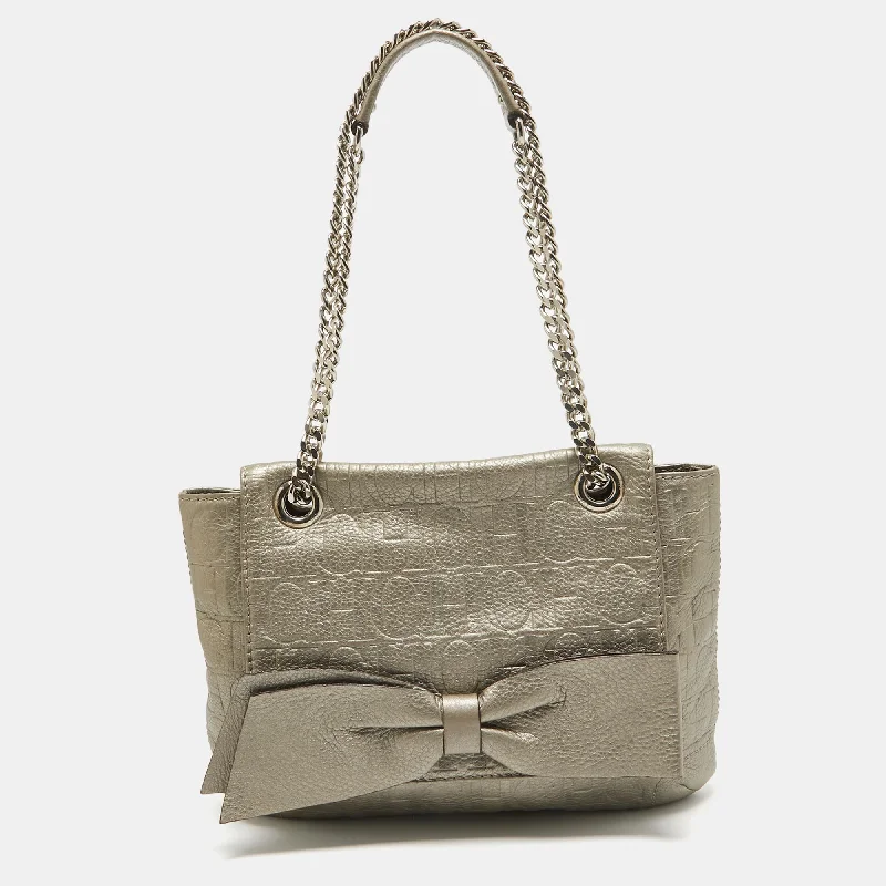 Ch Carolina Herrera Grey Monogram Embossed Leather Audrey Shoulder Bag