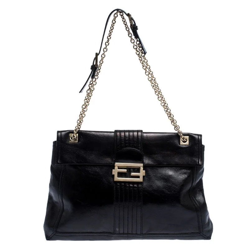 Fendi Black Leather Maxi Baguette Flap Shoulder Bag