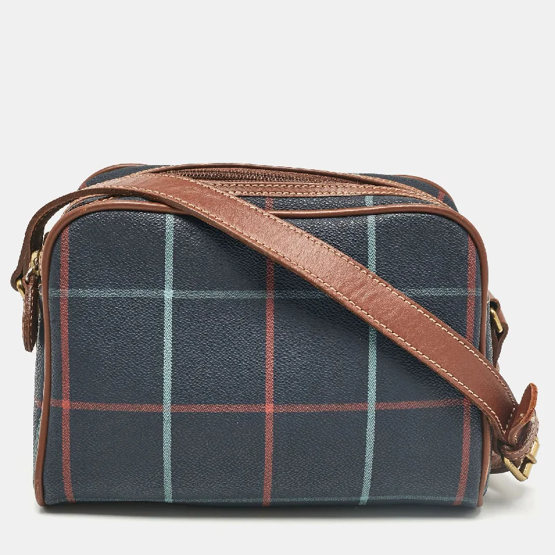 Burberry Navy Blue/multicolor Checkered Coated Canvas Double Zip Shoulder Bag