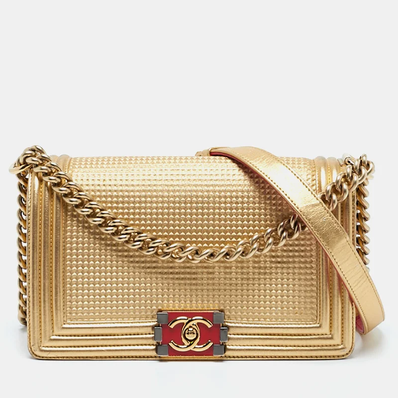 Chanel Gold/red Cube Embossed Leather Medium Boy Flap Bag