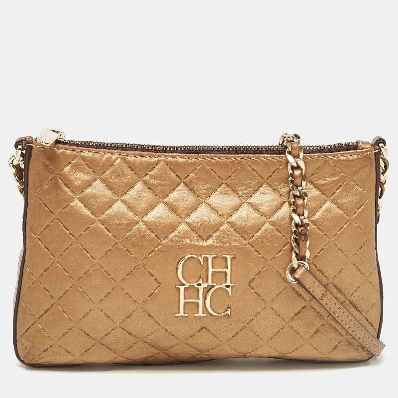 Carolina Herrera Gold Leather Logo Chain Shoulder Bag