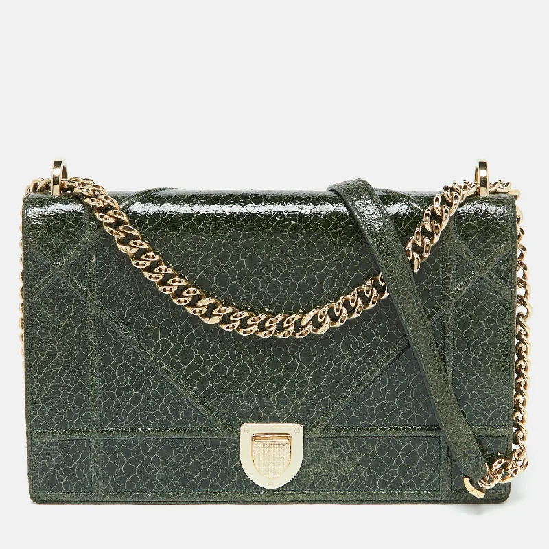 Dior Green Crackle Leather Large Diorama Flap Shoulder Bag