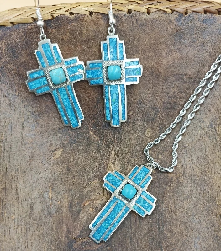 Cross earrings and necklace with stones. (Ships in 4 to 8 weeks)