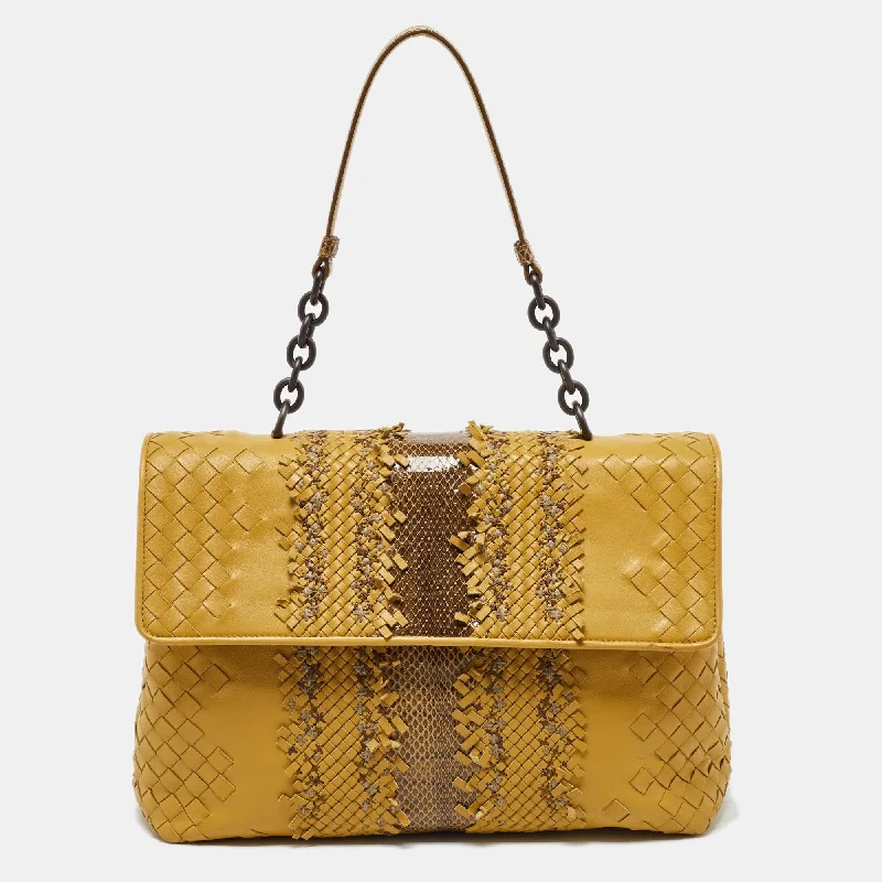 Bottega Veneta Yellow/brown Intrecciato Leather And Watersnake Olimpia Shoulder Bag