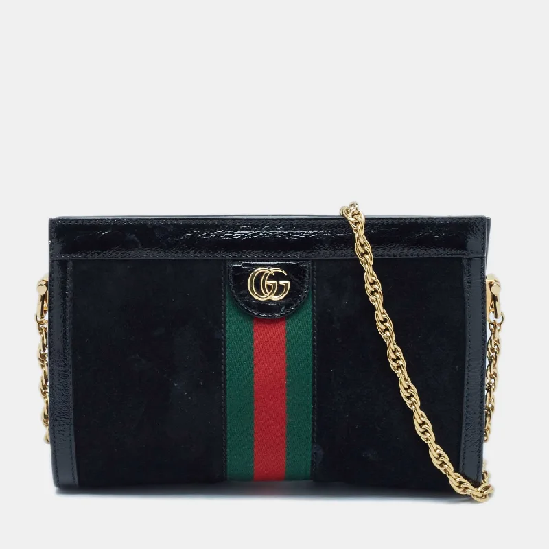 Gucci Black Patent Leather And Suede Small Ophidia Shoulder Bag