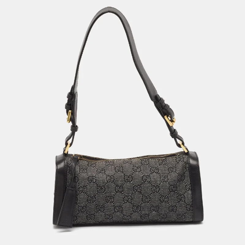 Gucci Black Gg Denim And Leather Shoulder Bag