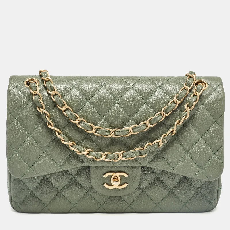 Chanel Green Quilted Caviar Leather Jumbo Classic Double Flap Bag