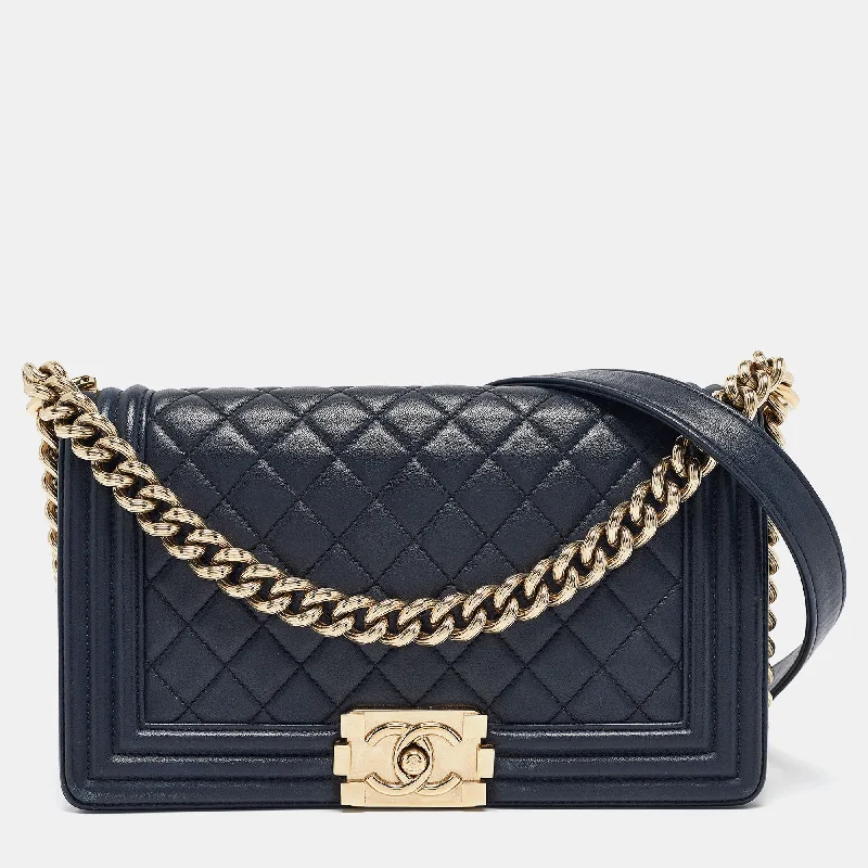 Chanel Navy Blue Quilted Leather Medium Boy Flap Bag