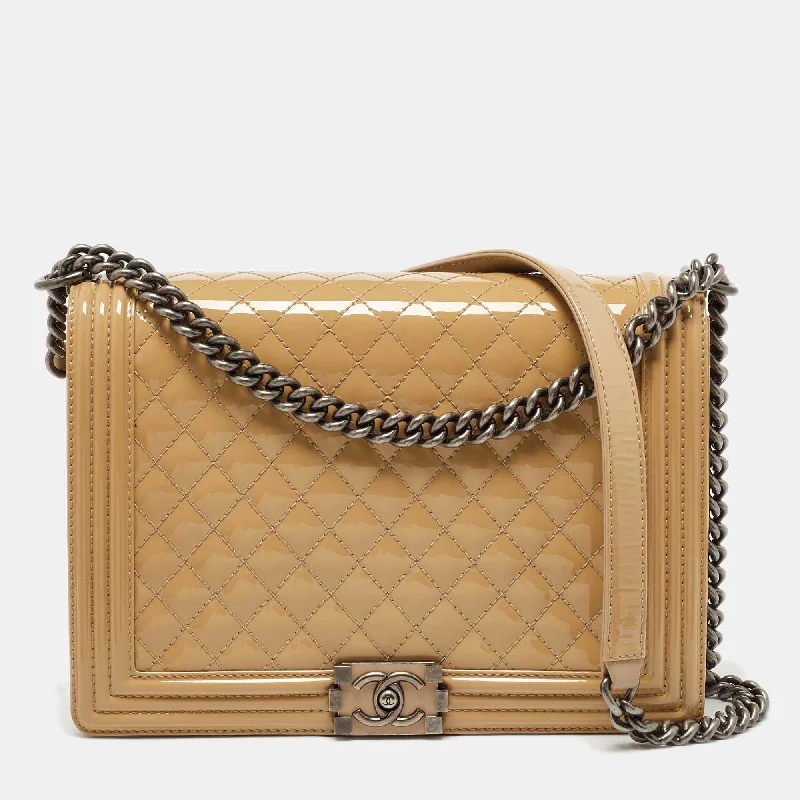 Chanel Beige Quilted Patent Leather Large Boy Flap Bag