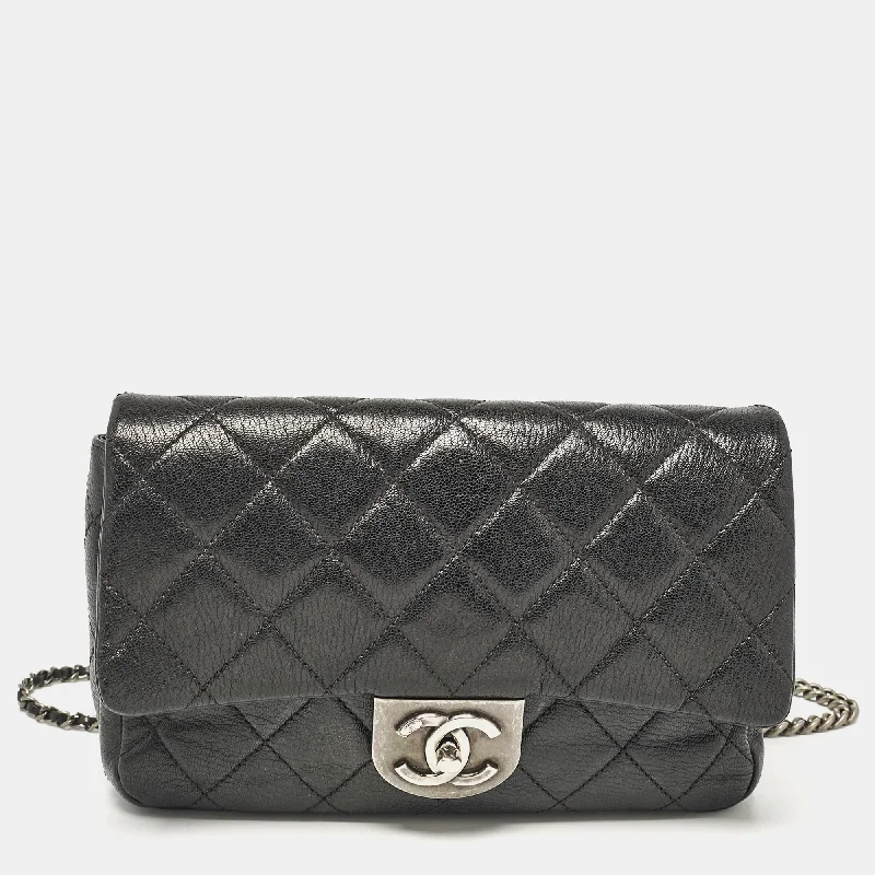 Chanel Black Quilted Goatskin Leather Medium Double Carry Waist Flap Bag