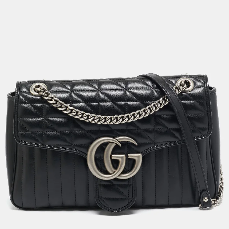 Gucci Black Mixed Matelassé Leather Medium Gg Marmont Shoulder Bag