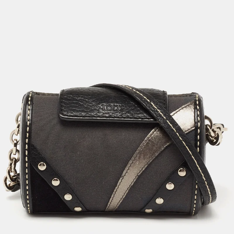 Tod's Black Leather And Canvas Studded Flap Shoulder Bag