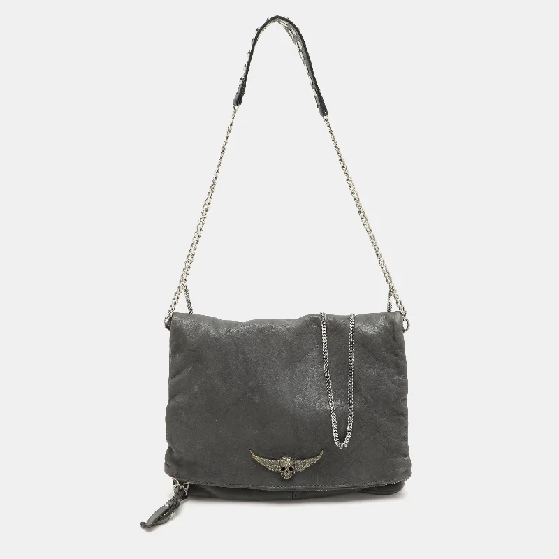 Zadig & Voltaire Grey Leather Rock Chain Link Pochette Shoulder Bag