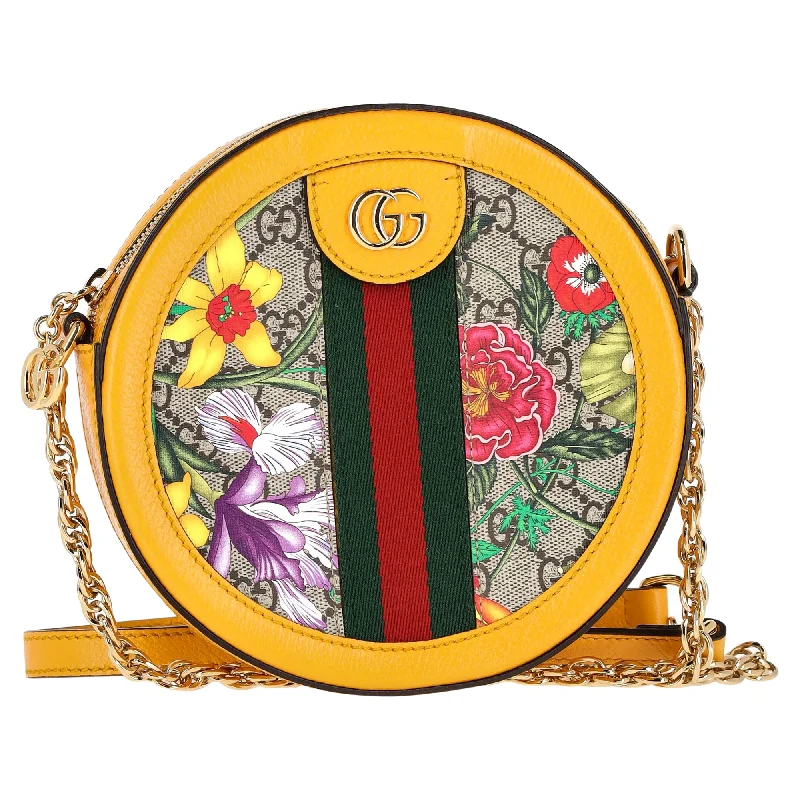 Gucci Ophidia Round Mini Crossbody Bag in Yellow Leather and Floral Print Canvas