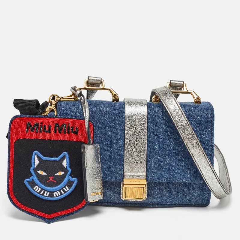 Miu Miu Blue/silver Denim And Leather Flap Shoulder Bag