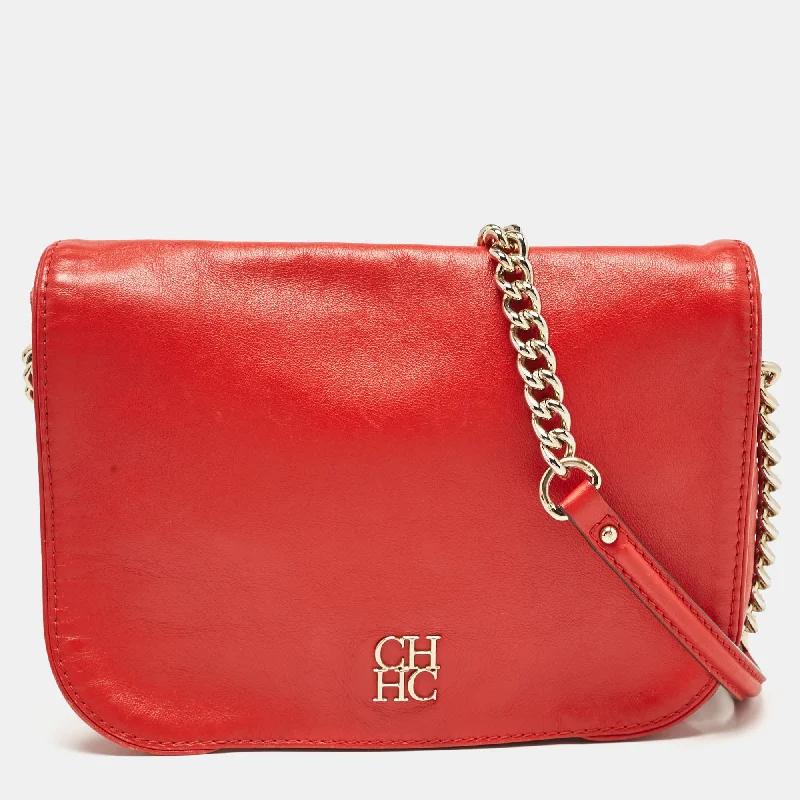 Carolina Herrera Red Leather Flap Chain Shoulder Bag